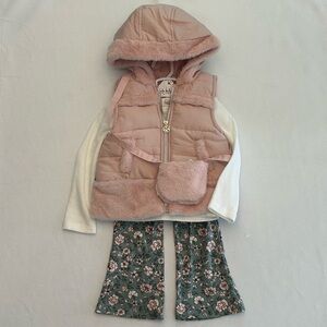 Nicole Miller 2T 4 Piece Set - Hooded Vest, Shirt, Floral Pants & Purse NEW